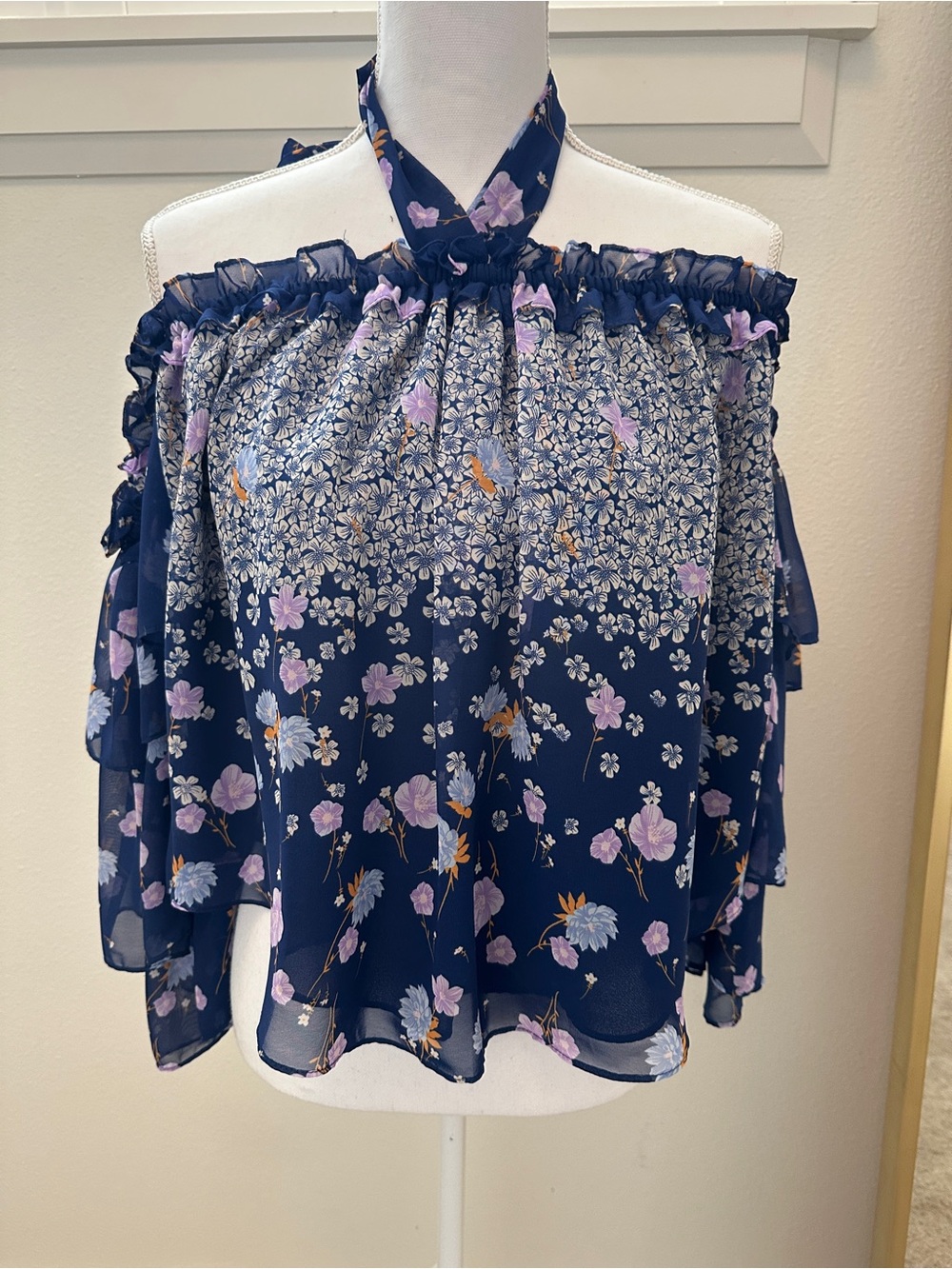 Misa Los Angeles Navy Floral Pelienne Off the Shoulder Top
